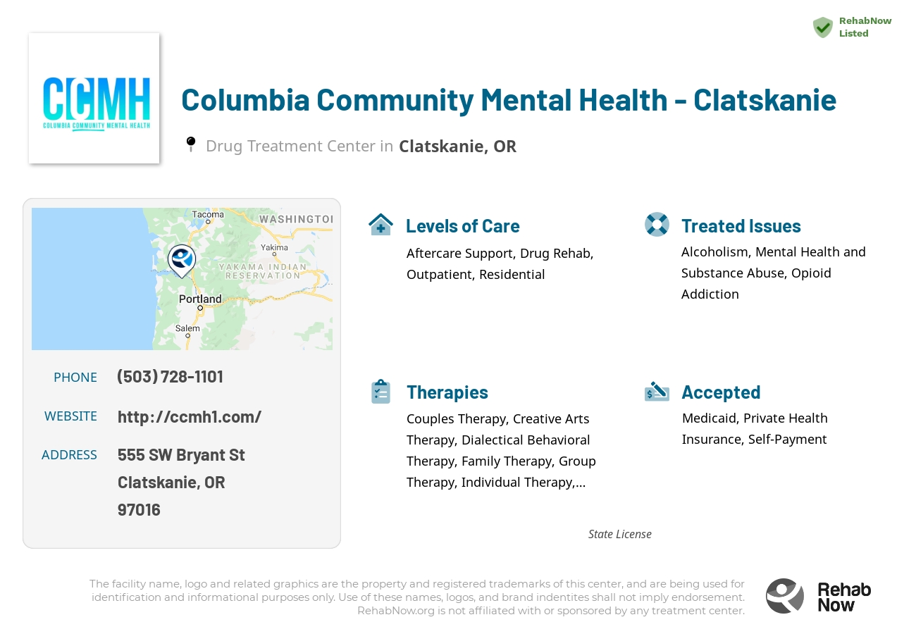 Helpful reference information for Columbia Community Mental Health - Clatskanie, a drug treatment center in Oregon located at: 555 SW Bryant St, Clatskanie, OR 97016, including phone numbers, official website, and more. Listed briefly is an overview of Levels of Care, Therapies Offered, Issues Treated, and accepted forms of Payment Methods.