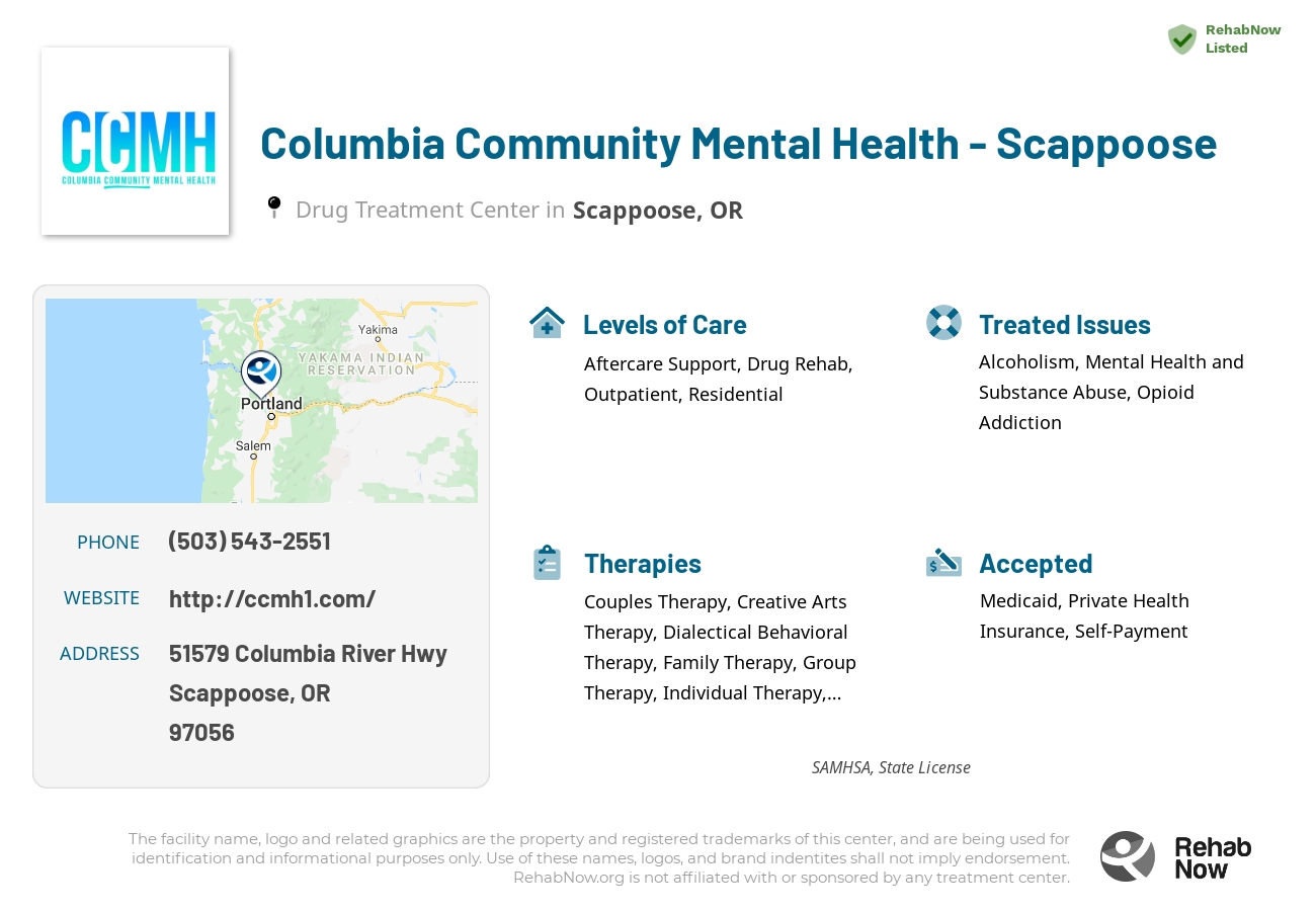 Helpful reference information for Columbia Community Mental Health - Scappoose, a drug treatment center in Oregon located at: 51579 Columbia River Hwy, Scappoose, OR 97056, including phone numbers, official website, and more. Listed briefly is an overview of Levels of Care, Therapies Offered, Issues Treated, and accepted forms of Payment Methods.