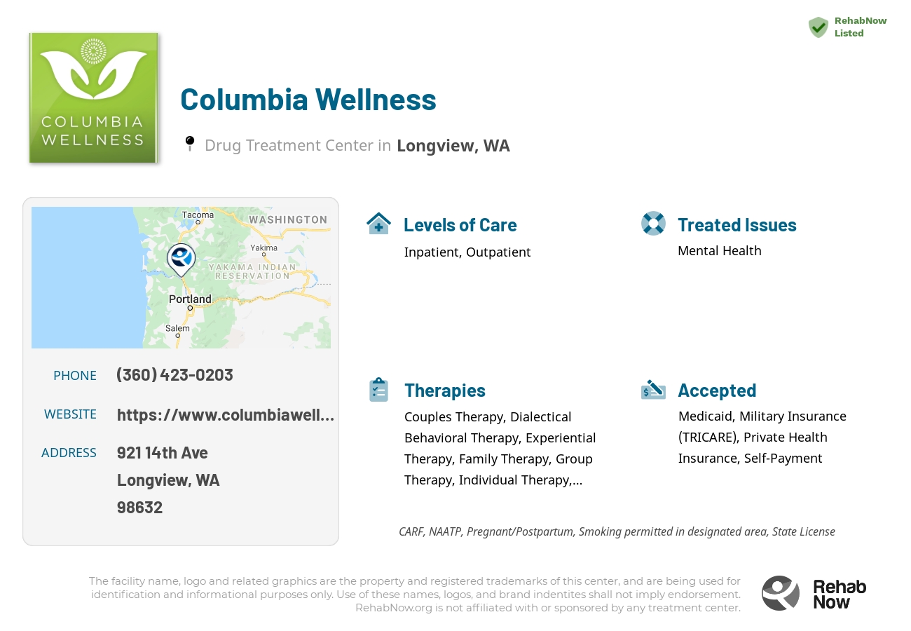 Helpful reference information for Columbia Wellness, a drug treatment center in Washington located at: 921 14th Ave, Longview, WA 98632, including phone numbers, official website, and more. Listed briefly is an overview of Levels of Care, Therapies Offered, Issues Treated, and accepted forms of Payment Methods.