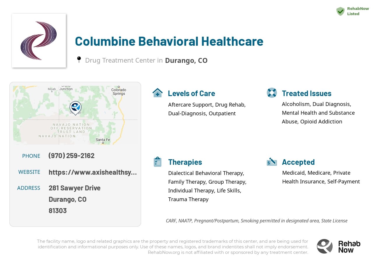 Helpful reference information for Columbine Behavioral Healthcare, a drug treatment center in Colorado located at: 281 Sawyer Drive, Durango, CO, 81303, including phone numbers, official website, and more. Listed briefly is an overview of Levels of Care, Therapies Offered, Issues Treated, and accepted forms of Payment Methods.