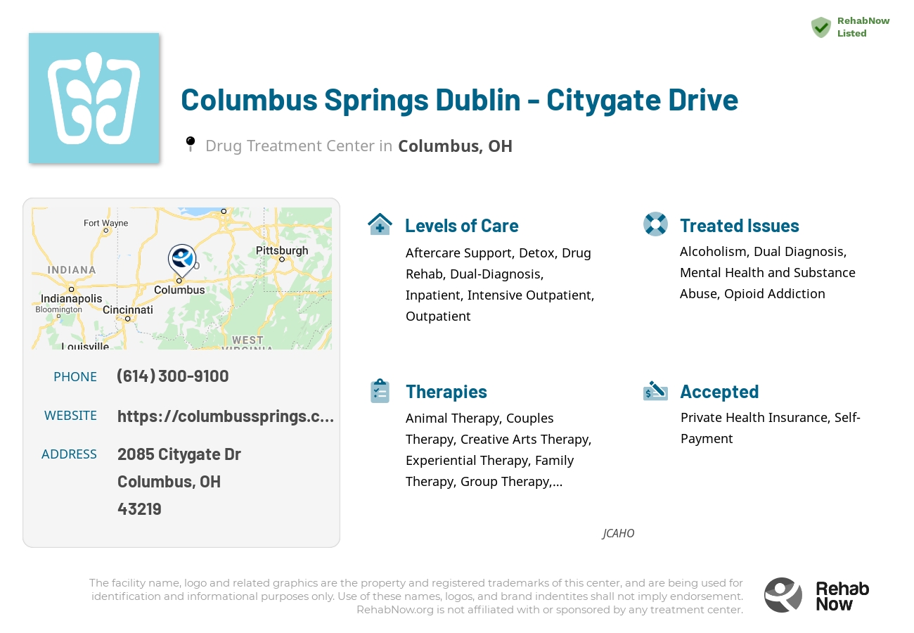 Helpful reference information for Columbus Springs Dublin - Citygate Drive, a drug treatment center in Ohio located at: 2085 Citygate Dr, Columbus, OH 43219, including phone numbers, official website, and more. Listed briefly is an overview of Levels of Care, Therapies Offered, Issues Treated, and accepted forms of Payment Methods.
