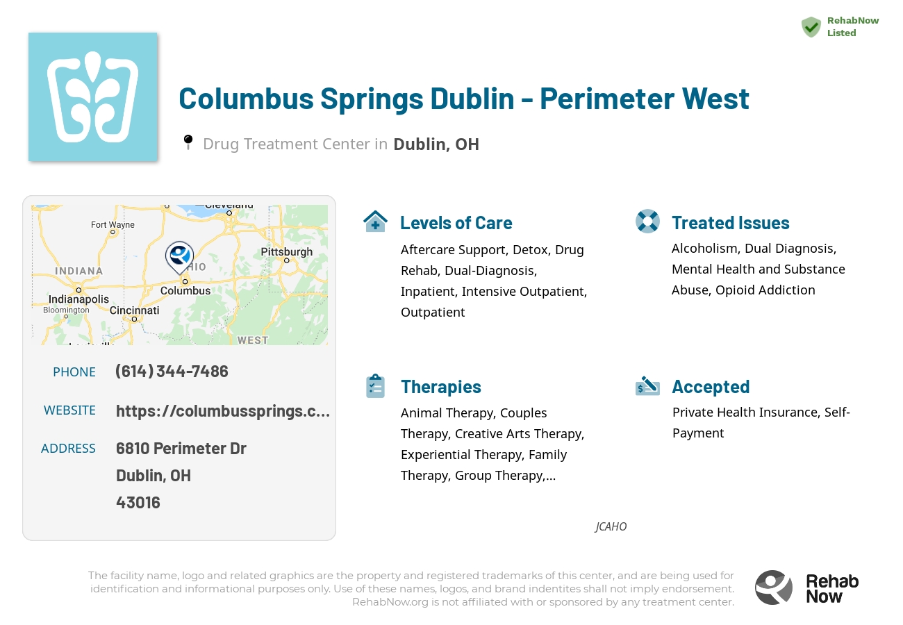 Helpful reference information for Columbus Springs Dublin - Perimeter West, a drug treatment center in Ohio located at: 6810 Perimeter Dr, Dublin, OH 43016, including phone numbers, official website, and more. Listed briefly is an overview of Levels of Care, Therapies Offered, Issues Treated, and accepted forms of Payment Methods.
