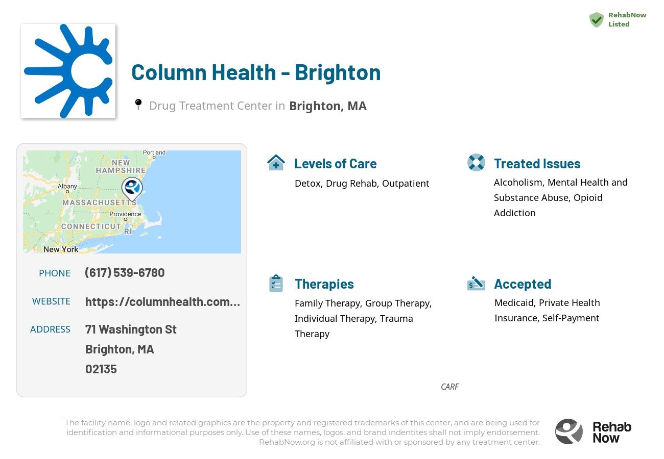 Helpful reference information for Column Health - Brighton, a drug treatment center in Massachusetts located at: 71 Washington St, Brighton, MA 02135, including phone numbers, official website, and more. Listed briefly is an overview of Levels of Care, Therapies Offered, Issues Treated, and accepted forms of Payment Methods.