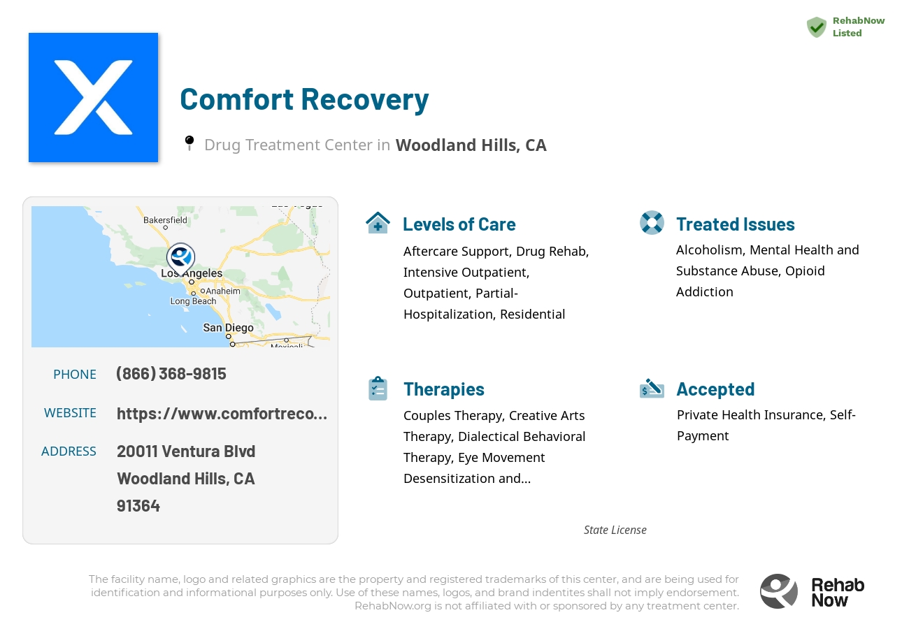Helpful reference information for Comfort Recovery, a drug treatment center in California located at: 20011 Ventura Blvd, Woodland Hills, CA 91364, including phone numbers, official website, and more. Listed briefly is an overview of Levels of Care, Therapies Offered, Issues Treated, and accepted forms of Payment Methods.