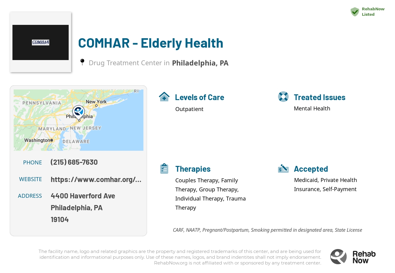 Helpful reference information for COMHAR - Elderly Health, a drug treatment center in Pennsylvania located at: 4400 Haverford Ave, Philadelphia, PA 19104, including phone numbers, official website, and more. Listed briefly is an overview of Levels of Care, Therapies Offered, Issues Treated, and accepted forms of Payment Methods.