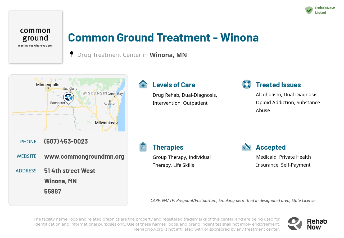 Helpful reference information for Common Ground Treatment - Winona, a drug treatment center in Minnesota located at: 51 51 4th street West, Winona, MN 55987, including phone numbers, official website, and more. Listed briefly is an overview of Levels of Care, Therapies Offered, Issues Treated, and accepted forms of Payment Methods.