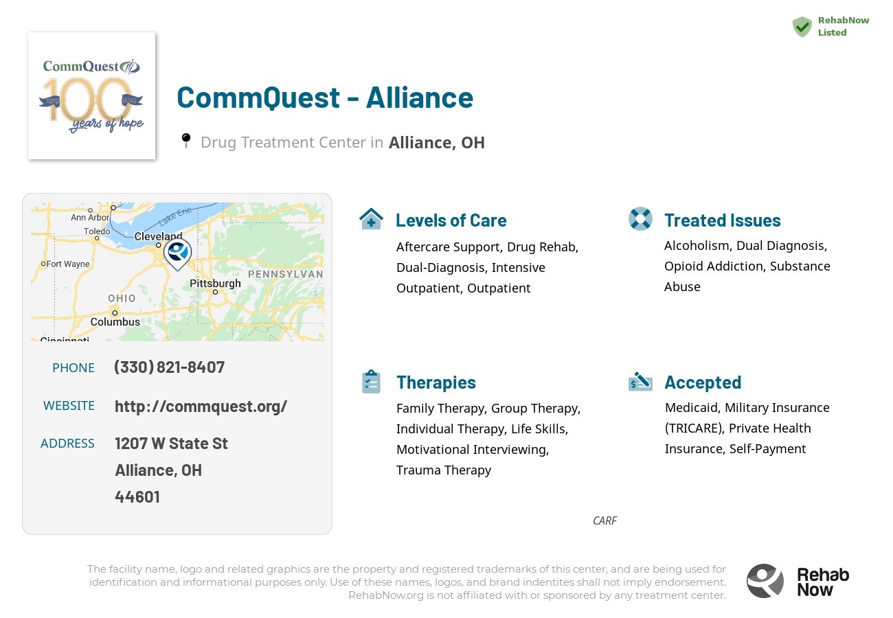 Helpful reference information for CommQuest - Alliance, a drug treatment center in Ohio located at: 1207 W State St, Alliance, OH 44601, including phone numbers, official website, and more. Listed briefly is an overview of Levels of Care, Therapies Offered, Issues Treated, and accepted forms of Payment Methods.