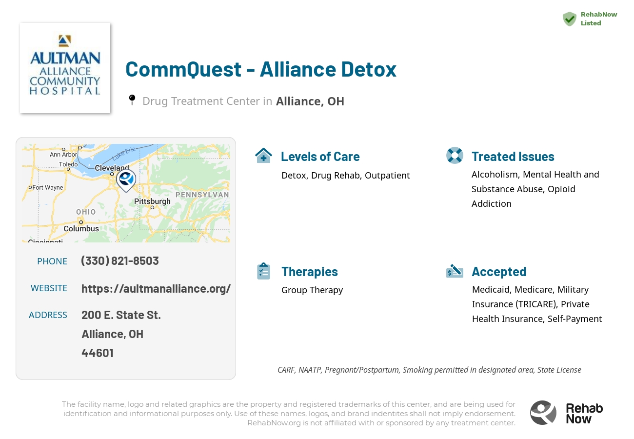 Helpful reference information for CommQuest - Alliance Detox, a drug treatment center in Ohio located at: 200 E. State St., Alliance, OH, 44601, including phone numbers, official website, and more. Listed briefly is an overview of Levels of Care, Therapies Offered, Issues Treated, and accepted forms of Payment Methods.