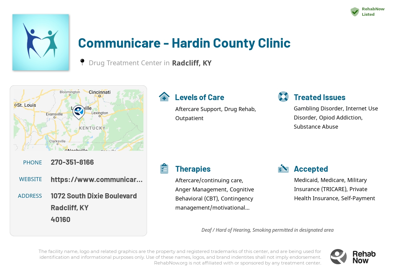 Helpful reference information for Communicare - Hardin County Clinic, a drug treatment center in Kentucky located at: 1072 South Dixie Boulevard, Radcliff, KY 40160, including phone numbers, official website, and more. Listed briefly is an overview of Levels of Care, Therapies Offered, Issues Treated, and accepted forms of Payment Methods.