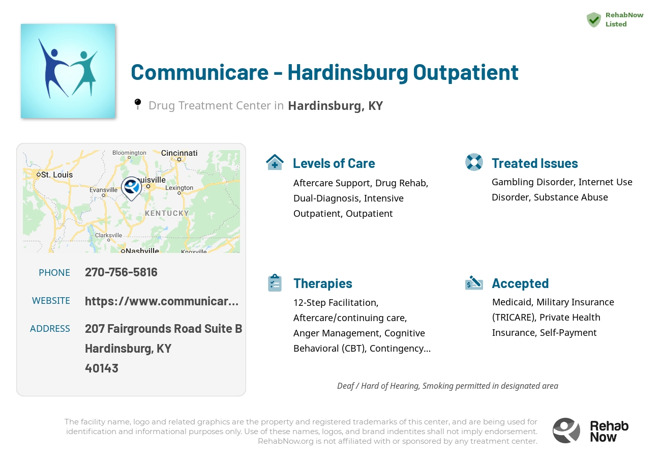 Helpful reference information for Communicare - Hardinsburg Outpatient, a drug treatment center in Kentucky located at: 207 Fairgrounds Road Suite B, Hardinsburg, KY 40143, including phone numbers, official website, and more. Listed briefly is an overview of Levels of Care, Therapies Offered, Issues Treated, and accepted forms of Payment Methods.