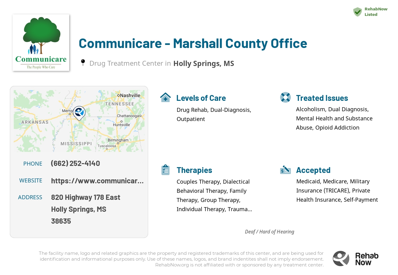 Helpful reference information for Communicare - Marshall County Office, a drug treatment center in Mississippi located at: 820 820 Highway 178 East, Holly Springs, MS 38635, including phone numbers, official website, and more. Listed briefly is an overview of Levels of Care, Therapies Offered, Issues Treated, and accepted forms of Payment Methods.