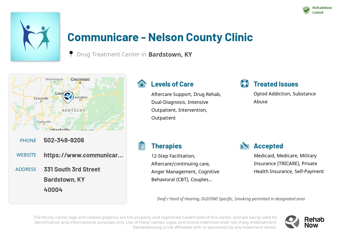 Helpful reference information for Communicare - Nelson County Clinic, a drug treatment center in Kentucky located at: 331 South 3rd Street, Bardstown, KY 40004, including phone numbers, official website, and more. Listed briefly is an overview of Levels of Care, Therapies Offered, Issues Treated, and accepted forms of Payment Methods.