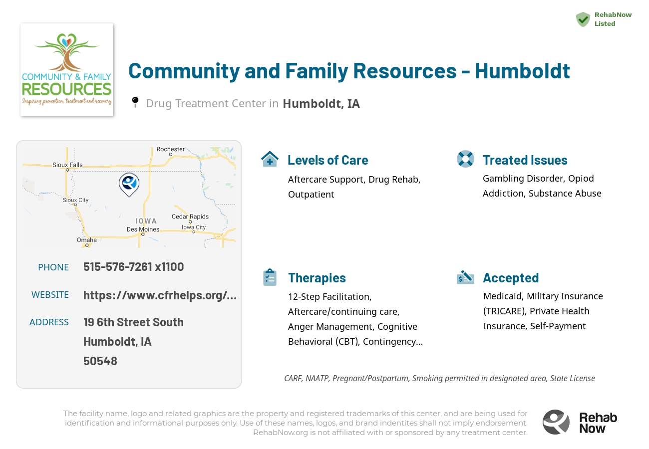 Helpful reference information for Community and Family Resources - Humboldt, a drug treatment center in Iowa located at: 19 6th Street South, Humboldt, IA 50548, including phone numbers, official website, and more. Listed briefly is an overview of Levels of Care, Therapies Offered, Issues Treated, and accepted forms of Payment Methods.