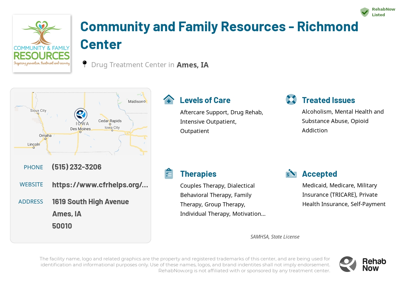 Helpful reference information for Community and Family Resources - Richmond Center, a drug treatment center in Iowa located at: 1619 South High Avenue, Ames, IA, 50010, including phone numbers, official website, and more. Listed briefly is an overview of Levels of Care, Therapies Offered, Issues Treated, and accepted forms of Payment Methods.