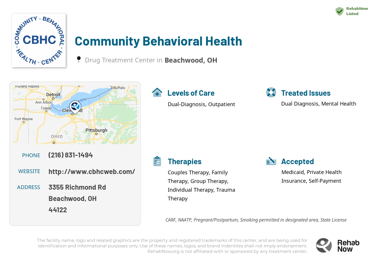 Helpful reference information for Community Behavioral Health, a drug treatment center in Ohio located at: 3355 Richmond Rd, Beachwood, OH 44122, including phone numbers, official website, and more. Listed briefly is an overview of Levels of Care, Therapies Offered, Issues Treated, and accepted forms of Payment Methods.