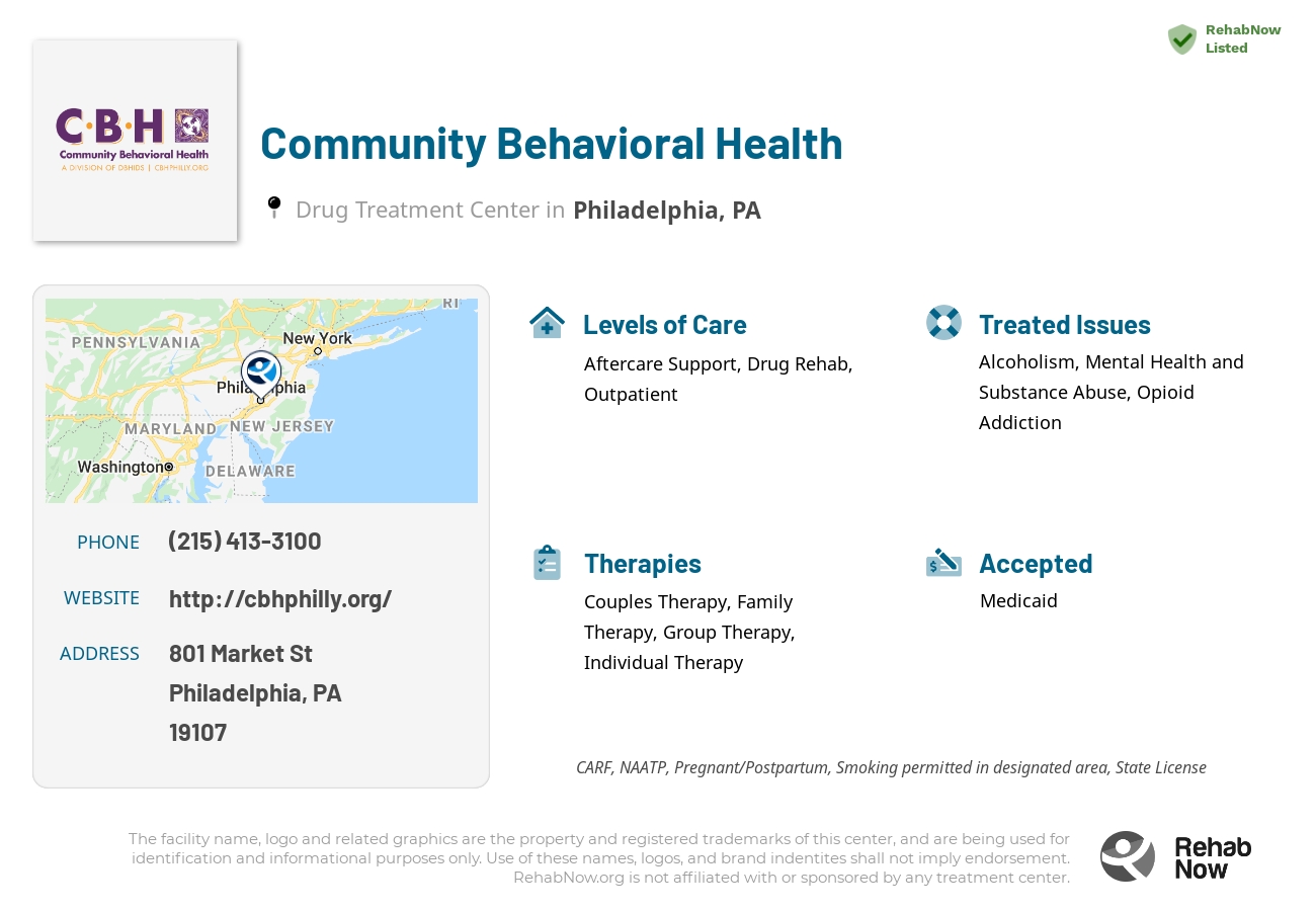 Helpful reference information for Community Behavioral Health, a drug treatment center in Pennsylvania located at: 801 Market St, Philadelphia, PA 19107, including phone numbers, official website, and more. Listed briefly is an overview of Levels of Care, Therapies Offered, Issues Treated, and accepted forms of Payment Methods.