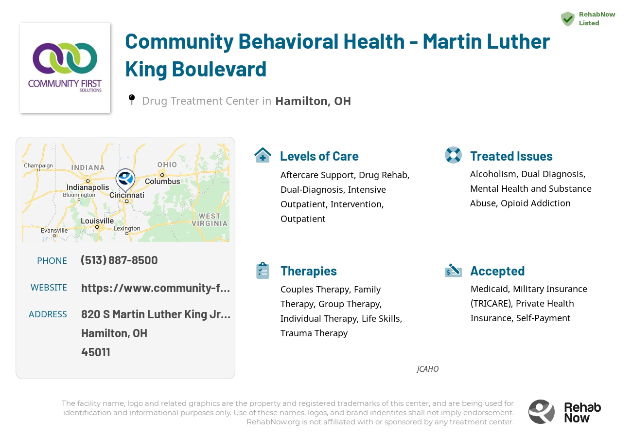 Helpful reference information for Community Behavioral Health - Martin Luther King Boulevard, a drug treatment center in Ohio located at: 820 S Martin Luther King Jr Blvd, Hamilton, OH 45011, including phone numbers, official website, and more. Listed briefly is an overview of Levels of Care, Therapies Offered, Issues Treated, and accepted forms of Payment Methods.