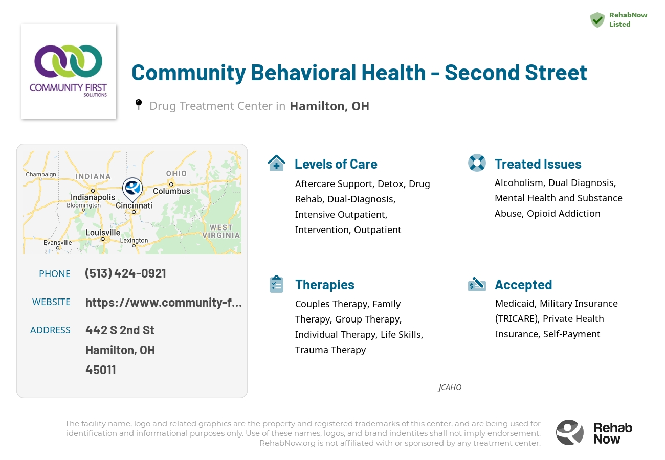 Helpful reference information for Community Behavioral Health - Second Street, a drug treatment center in Ohio located at: 442 S 2nd St, Hamilton, OH 45011, including phone numbers, official website, and more. Listed briefly is an overview of Levels of Care, Therapies Offered, Issues Treated, and accepted forms of Payment Methods.