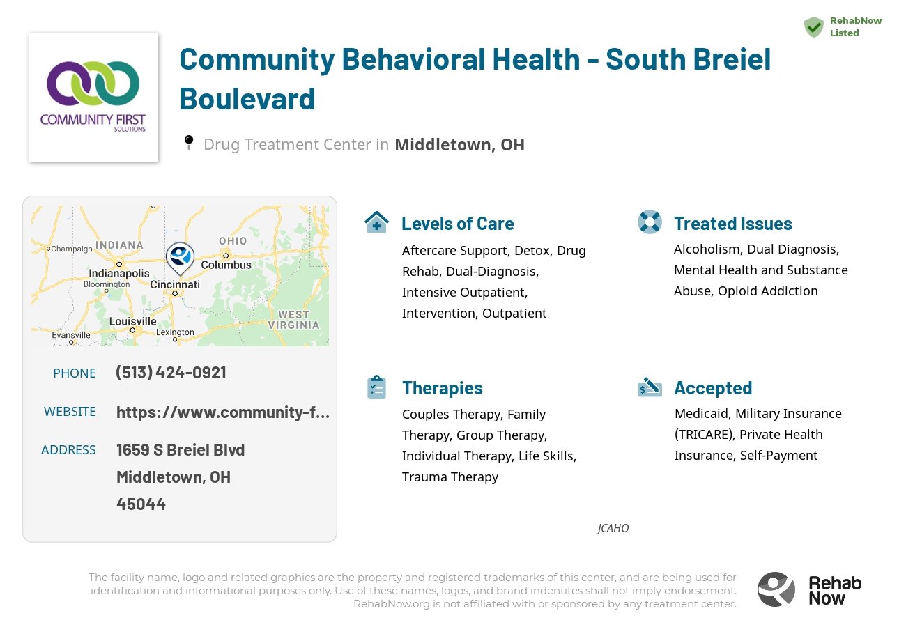 Helpful reference information for Community Behavioral Health - South Breiel Boulevard, a drug treatment center in Ohio located at: 1659 S Breiel Blvd, Middletown, OH 45044, including phone numbers, official website, and more. Listed briefly is an overview of Levels of Care, Therapies Offered, Issues Treated, and accepted forms of Payment Methods.