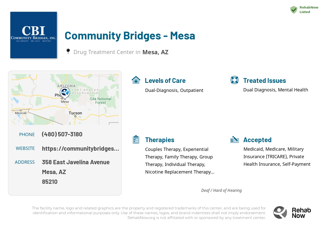 Helpful reference information for Community Bridges - Mesa, a drug treatment center in Arizona located at: 358 358 East Javelina Avenue, Mesa, AZ 85210, including phone numbers, official website, and more. Listed briefly is an overview of Levels of Care, Therapies Offered, Issues Treated, and accepted forms of Payment Methods.