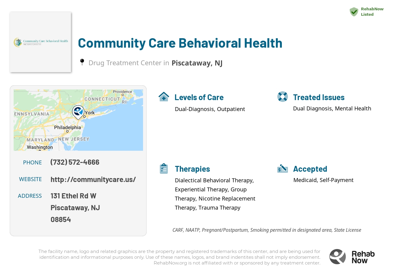 Helpful reference information for Community Care Behavioral Health, a drug treatment center in New Jersey located at: 131 Ethel Rd W, Piscataway, NJ 08854, including phone numbers, official website, and more. Listed briefly is an overview of Levels of Care, Therapies Offered, Issues Treated, and accepted forms of Payment Methods.