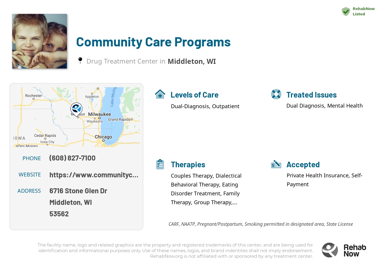 Helpful reference information for Community Care Programs, a drug treatment center in Wisconsin located at: 6716 Stone Glen Dr, Middleton, WI 53562, including phone numbers, official website, and more. Listed briefly is an overview of Levels of Care, Therapies Offered, Issues Treated, and accepted forms of Payment Methods.