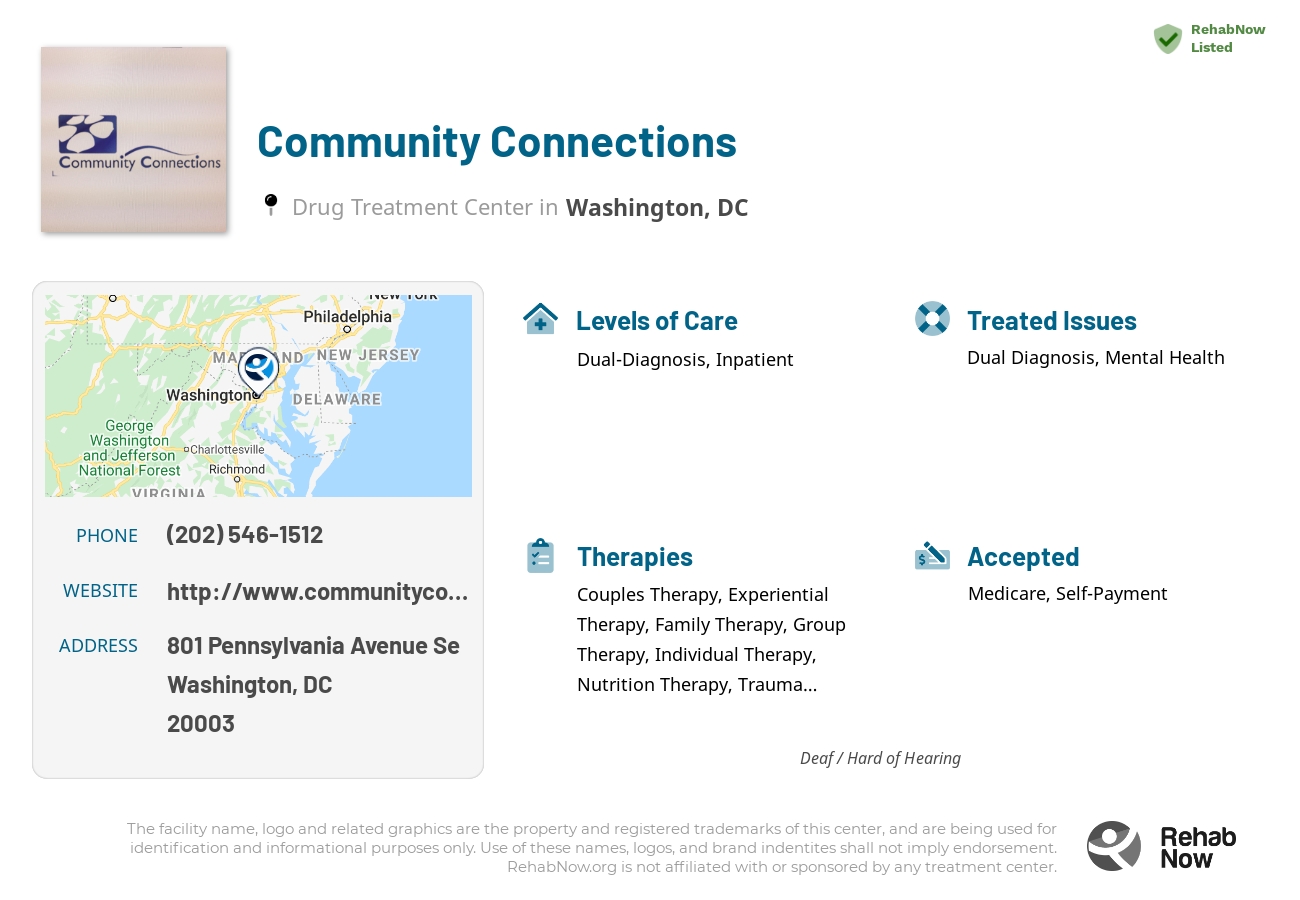 Helpful reference information for Community Connections, a drug treatment center in District of Columbia located at: 801 Pennsylvania Avenue Se, Washington, DC, 20003, including phone numbers, official website, and more. Listed briefly is an overview of Levels of Care, Therapies Offered, Issues Treated, and accepted forms of Payment Methods.