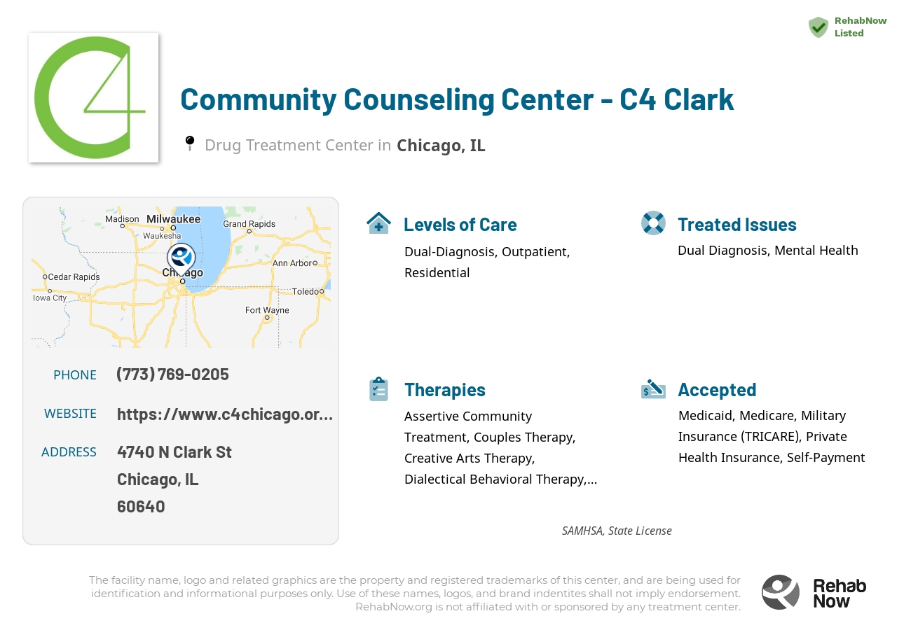 Helpful reference information for Community Counseling Center - C4 Clark, a drug treatment center in Illinois located at: 4740 N Clark St, Chicago, IL 60640, including phone numbers, official website, and more. Listed briefly is an overview of Levels of Care, Therapies Offered, Issues Treated, and accepted forms of Payment Methods.