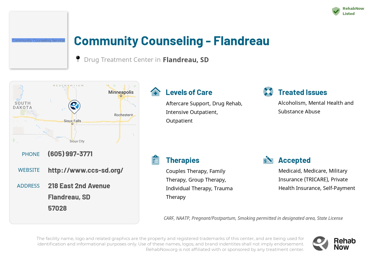Helpful reference information for Community Counseling - Flandreau, a drug treatment center in South Dakota located at: 218 218 East 2nd Avenue, Flandreau, SD 57028, including phone numbers, official website, and more. Listed briefly is an overview of Levels of Care, Therapies Offered, Issues Treated, and accepted forms of Payment Methods.