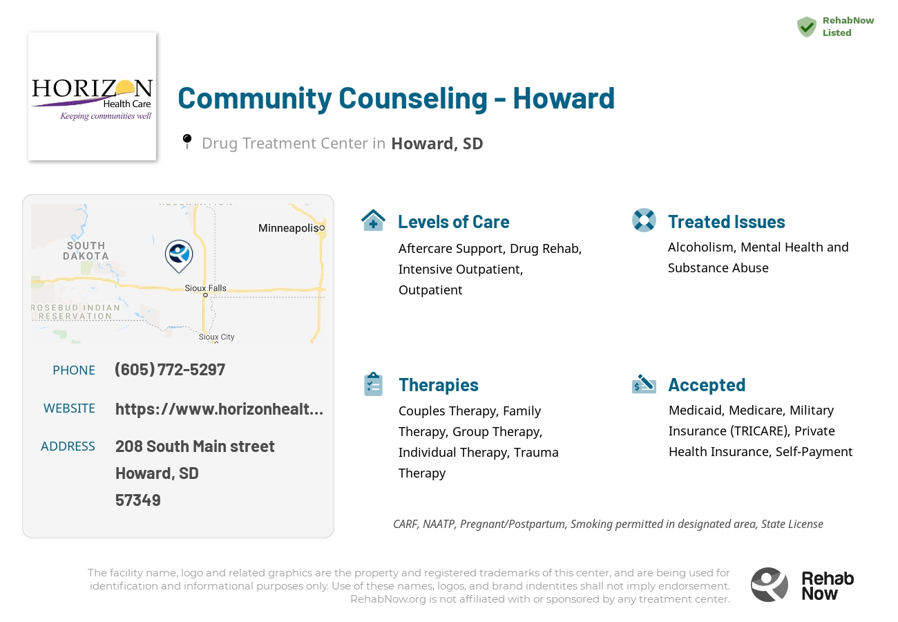 Helpful reference information for Community Counseling - Howard, a drug treatment center in South Dakota located at: 208 208 South Main street, Howard, SD 57349, including phone numbers, official website, and more. Listed briefly is an overview of Levels of Care, Therapies Offered, Issues Treated, and accepted forms of Payment Methods.