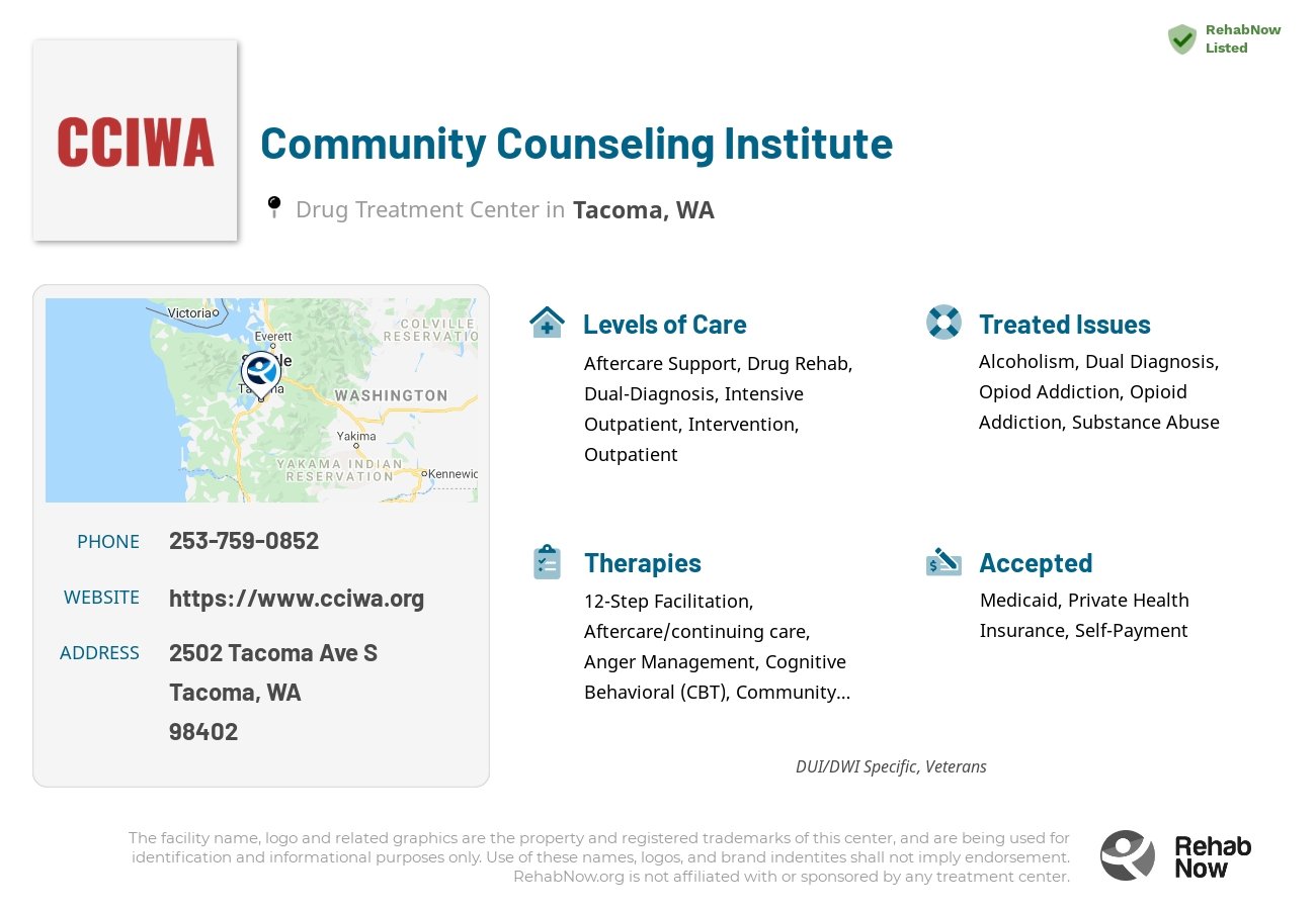 Helpful reference information for Community Counseling Institute, a drug treatment center in Washington located at: 2502 Tacoma Ave S, Tacoma, WA 98402, including phone numbers, official website, and more. Listed briefly is an overview of Levels of Care, Therapies Offered, Issues Treated, and accepted forms of Payment Methods.