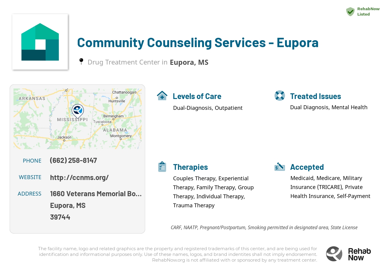 Helpful reference information for Community Counseling Services - Eupora, a drug treatment center in Mississippi located at: 1660 1660 Veterans Memorial Boulevard, Eupora, MS 39744, including phone numbers, official website, and more. Listed briefly is an overview of Levels of Care, Therapies Offered, Issues Treated, and accepted forms of Payment Methods.