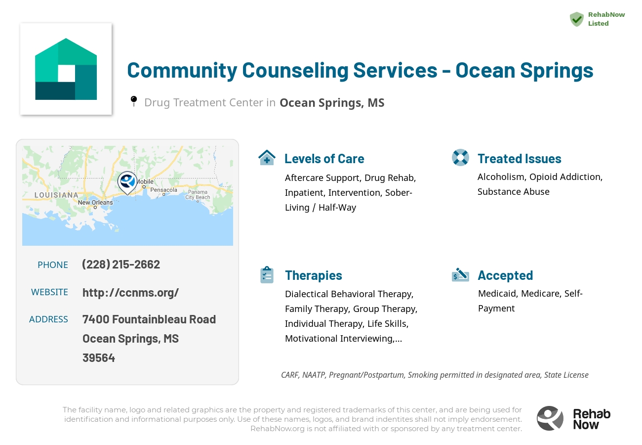 Helpful reference information for Community Counseling Services - Ocean Springs, a drug treatment center in Mississippi located at: 7400 7400 Fountainbleau Road, Ocean Springs, MS 39564, including phone numbers, official website, and more. Listed briefly is an overview of Levels of Care, Therapies Offered, Issues Treated, and accepted forms of Payment Methods.