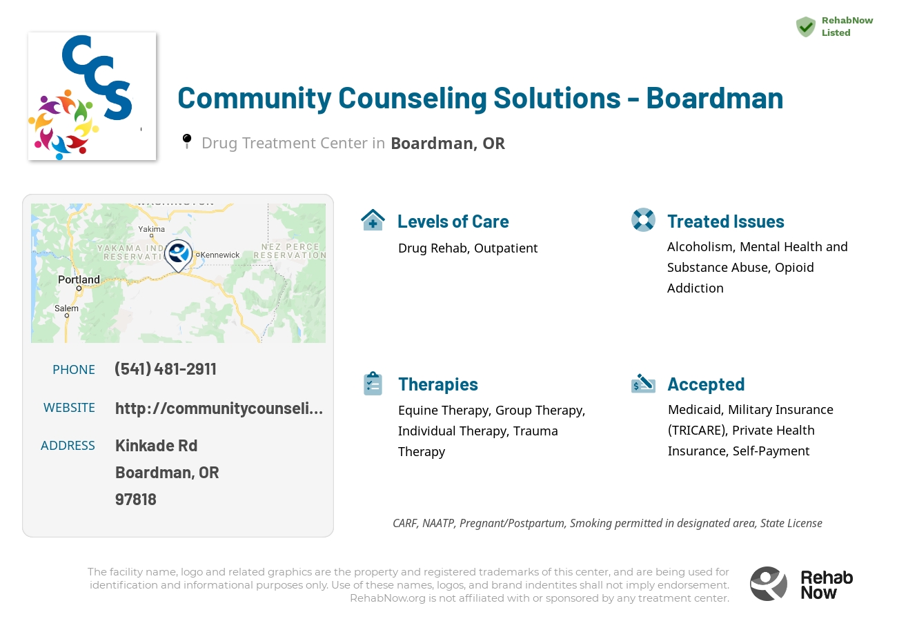 Helpful reference information for Community Counseling Solutions - Boardman, a drug treatment center in Oregon located at: Kinkade Rd, Boardman, OR 97818, including phone numbers, official website, and more. Listed briefly is an overview of Levels of Care, Therapies Offered, Issues Treated, and accepted forms of Payment Methods.