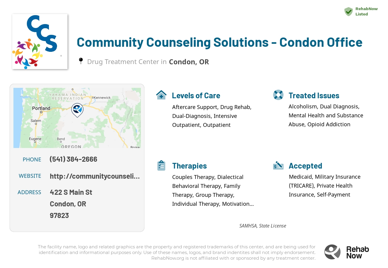 Helpful reference information for Community Counseling Solutions - Condon Office, a drug treatment center in Oregon located at: 422 S Main St, Condon, OR 97823, including phone numbers, official website, and more. Listed briefly is an overview of Levels of Care, Therapies Offered, Issues Treated, and accepted forms of Payment Methods.