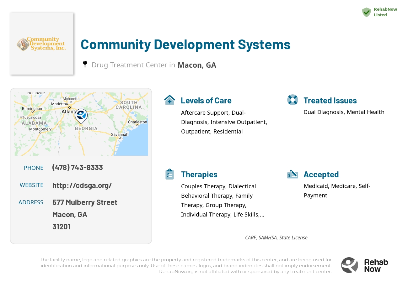 Helpful reference information for Community Development Systems, a drug treatment center in Georgia located at: 577 577 Mulberry Street, Macon, GA 31201, including phone numbers, official website, and more. Listed briefly is an overview of Levels of Care, Therapies Offered, Issues Treated, and accepted forms of Payment Methods.
