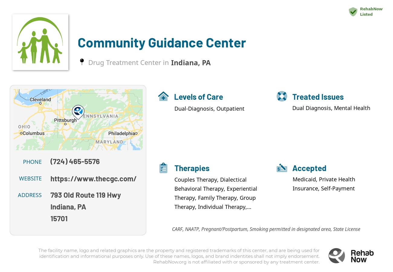 Helpful reference information for Community Guidance Center, a drug treatment center in Pennsylvania located at: 793 Old Route 119 Hwy, Indiana, PA 15701, including phone numbers, official website, and more. Listed briefly is an overview of Levels of Care, Therapies Offered, Issues Treated, and accepted forms of Payment Methods.