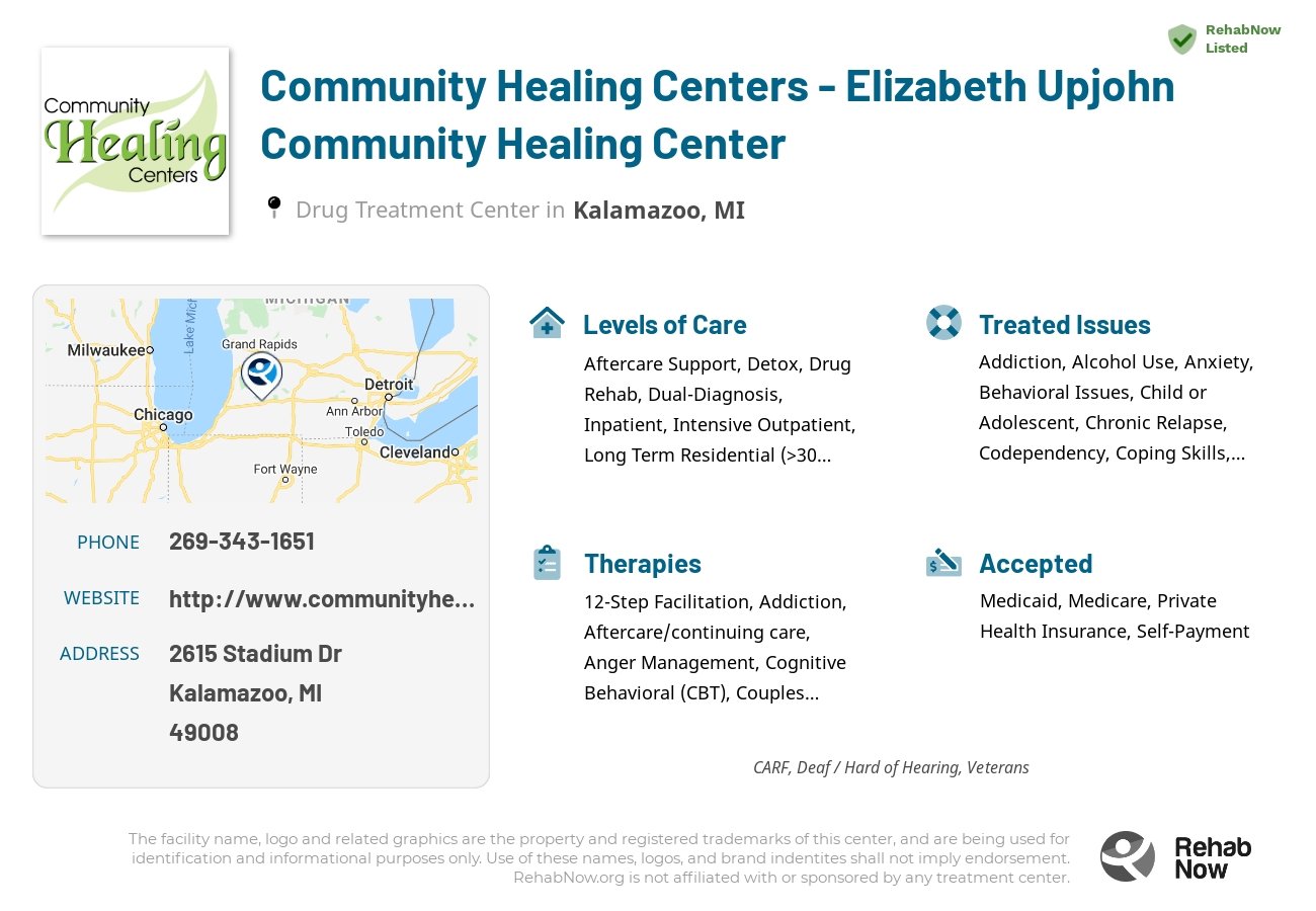 Helpful reference information for Community Healing Centers - Elizabeth Upjohn Community Healing Center, a drug treatment center in Michigan located at: 2615 Stadium Dr, Kalamazoo, MI 49008, including phone numbers, official website, and more. Listed briefly is an overview of Levels of Care, Therapies Offered, Issues Treated, and accepted forms of Payment Methods.