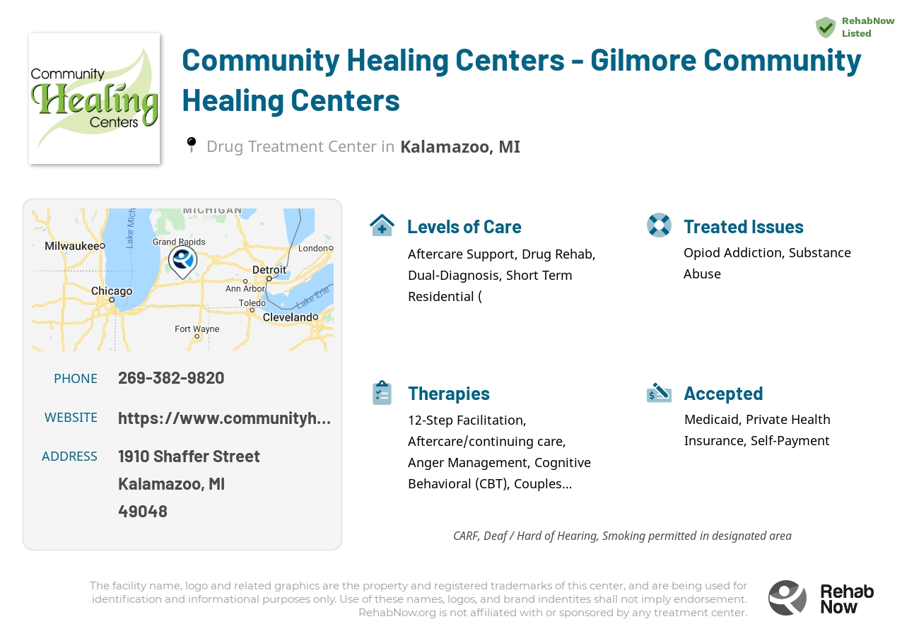 Helpful reference information for Community Healing Centers - Gilmore Community Healing Centers, a drug treatment center in Michigan located at: 1910 Shaffer Street, Kalamazoo, MI 49048, including phone numbers, official website, and more. Listed briefly is an overview of Levels of Care, Therapies Offered, Issues Treated, and accepted forms of Payment Methods.