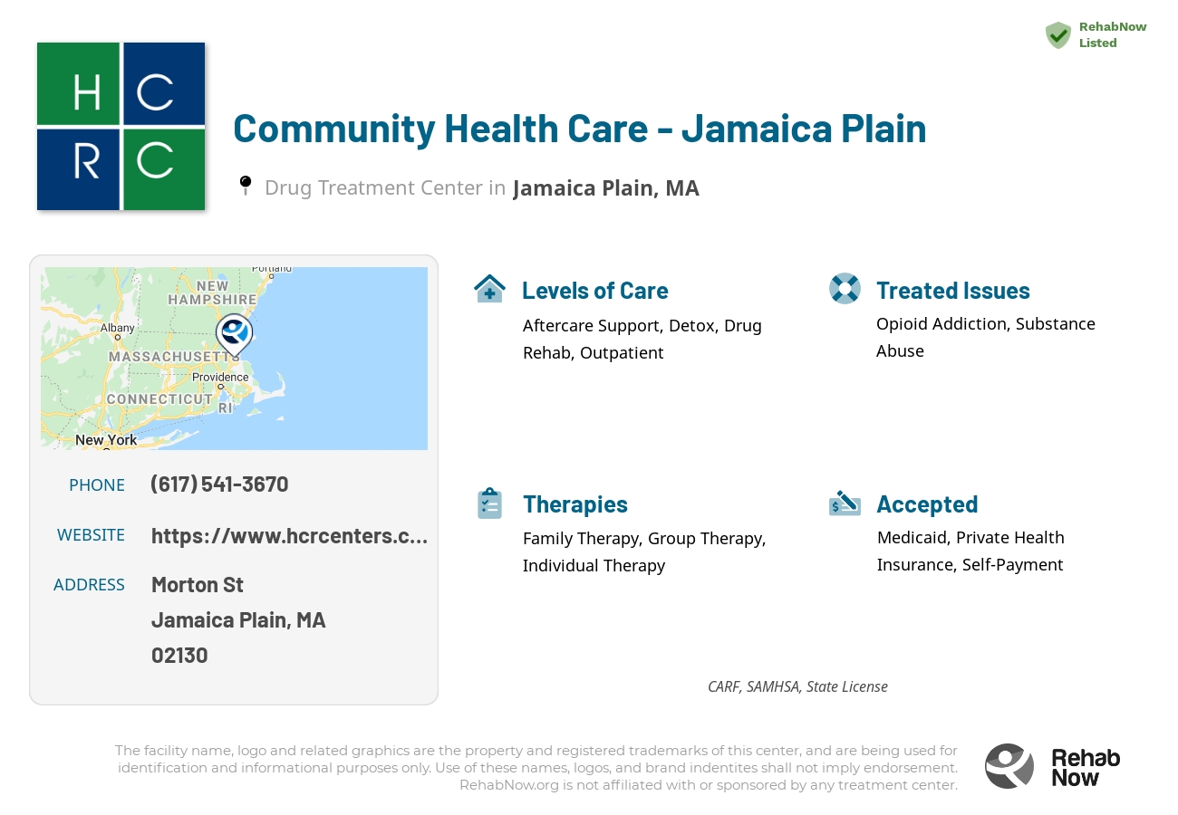 Helpful reference information for Community Health Care - Jamaica Plain, a drug treatment center in Massachusetts located at: Morton St, Jamaica Plain, MA 02130, including phone numbers, official website, and more. Listed briefly is an overview of Levels of Care, Therapies Offered, Issues Treated, and accepted forms of Payment Methods.