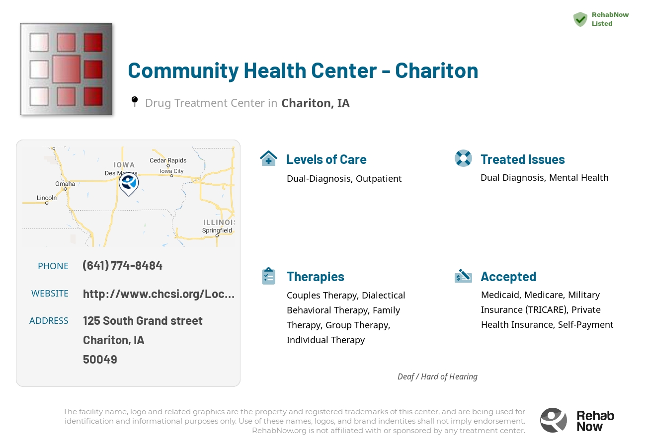 Helpful reference information for Community Health Center - Chariton, a drug treatment center in Iowa located at: 125 South Grand street, Chariton, IA, 50049, including phone numbers, official website, and more. Listed briefly is an overview of Levels of Care, Therapies Offered, Issues Treated, and accepted forms of Payment Methods.