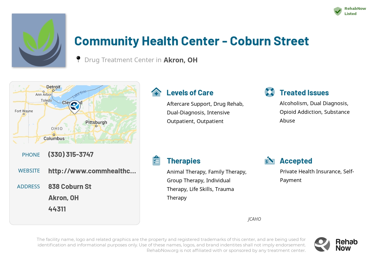 Helpful reference information for Community Health Center - Coburn Street, a drug treatment center in Ohio located at: 838 Coburn St, Akron, OH 44311, including phone numbers, official website, and more. Listed briefly is an overview of Levels of Care, Therapies Offered, Issues Treated, and accepted forms of Payment Methods.