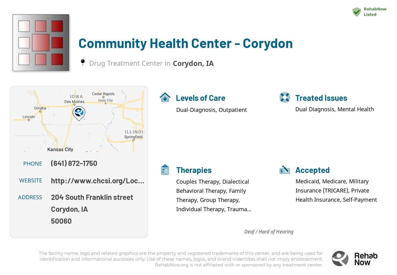 Helpful reference information for Community Health Center - Corydon, a drug treatment center in Iowa located at: 204 South Franklin street, Corydon, IA, 50060, including phone numbers, official website, and more. Listed briefly is an overview of Levels of Care, Therapies Offered, Issues Treated, and accepted forms of Payment Methods.