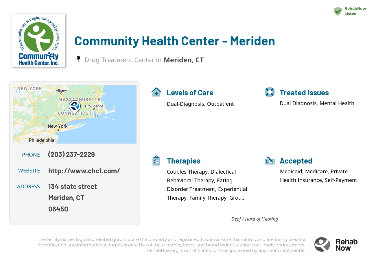 Helpful reference information for Community Health Center - Meriden, a drug treatment center in Connecticut located at: 134 state street, Meriden, CT, 06450, including phone numbers, official website, and more. Listed briefly is an overview of Levels of Care, Therapies Offered, Issues Treated, and accepted forms of Payment Methods.