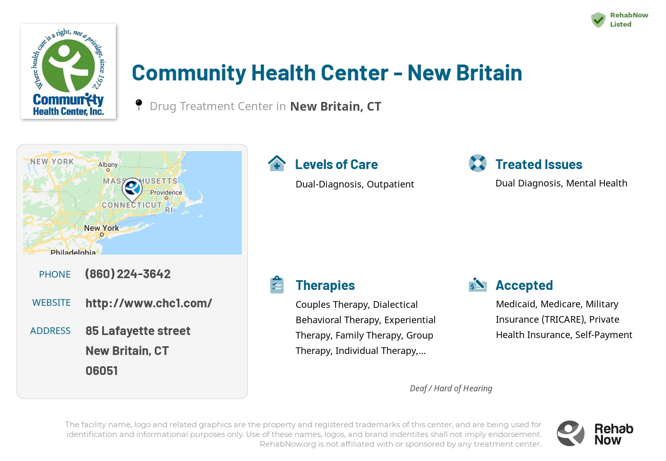 Helpful reference information for Community Health Center - New Britain, a drug treatment center in Connecticut located at: 85 Lafayette street, New Britain, CT, 06051, including phone numbers, official website, and more. Listed briefly is an overview of Levels of Care, Therapies Offered, Issues Treated, and accepted forms of Payment Methods.