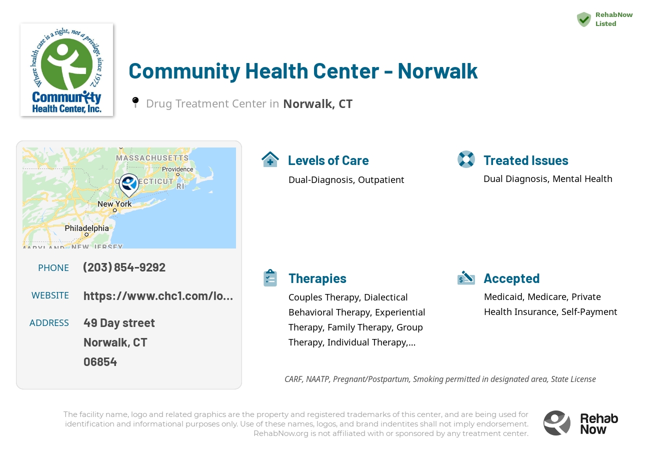 Helpful reference information for Community Health Center - Norwalk, a drug treatment center in Connecticut located at: 49 Day street, Norwalk, CT, 06854, including phone numbers, official website, and more. Listed briefly is an overview of Levels of Care, Therapies Offered, Issues Treated, and accepted forms of Payment Methods.