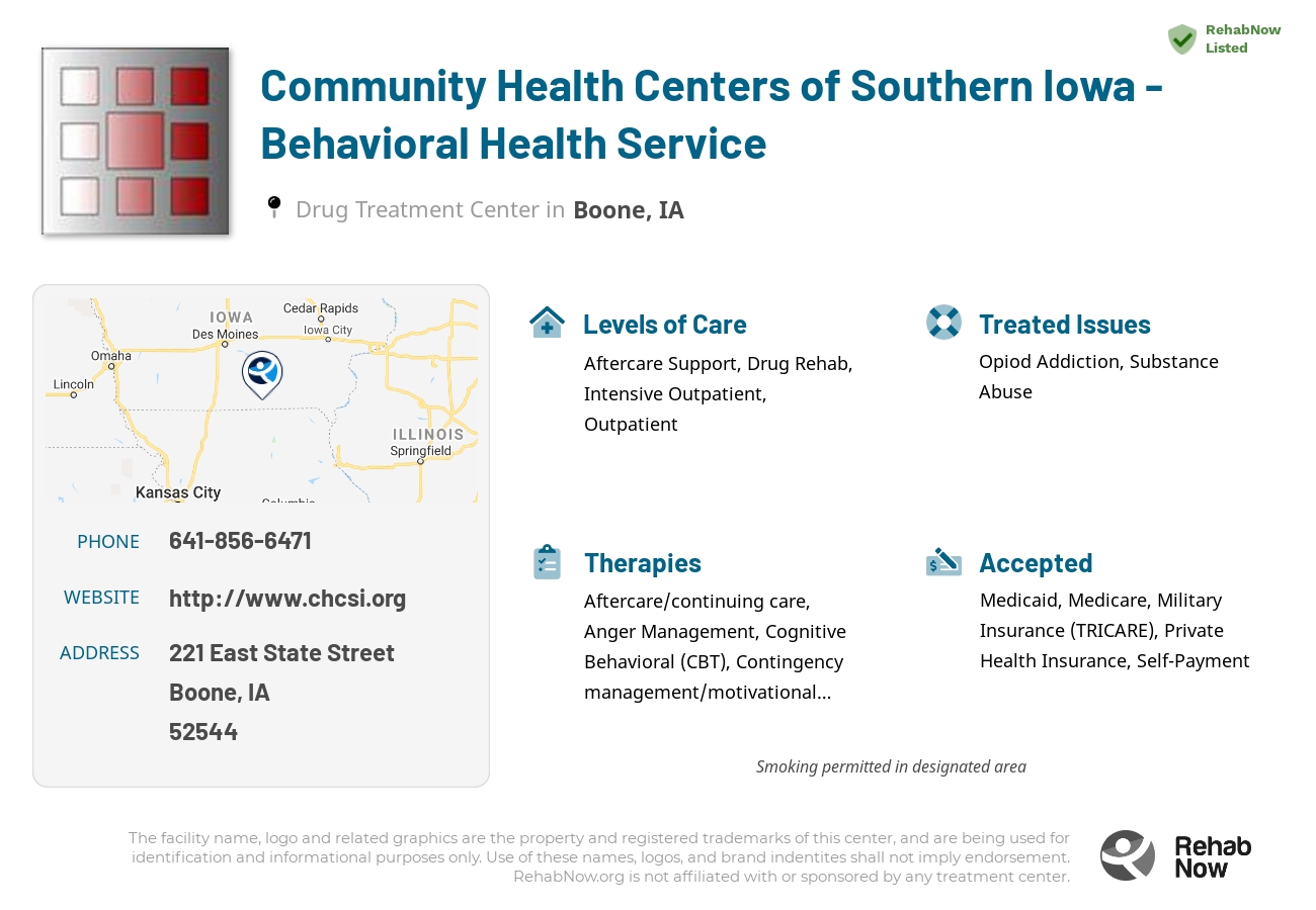 Helpful reference information for Community Health Centers of Southern Iowa - Behavioral Health Service, a drug treatment center in Iowa located at: 221 East State Street, Boone, IA 52544, including phone numbers, official website, and more. Listed briefly is an overview of Levels of Care, Therapies Offered, Issues Treated, and accepted forms of Payment Methods.