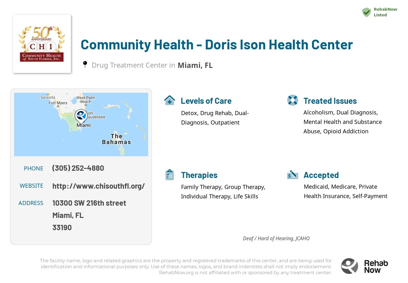 Helpful reference information for Community Health - Doris Ison Health Center, a drug treatment center in Florida located at: 10300 SW 216th street, Miami, FL, 33190, including phone numbers, official website, and more. Listed briefly is an overview of Levels of Care, Therapies Offered, Issues Treated, and accepted forms of Payment Methods.