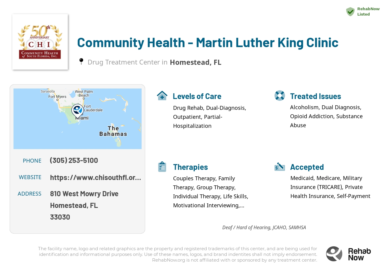 Helpful reference information for Community Health - Martin Luther King Clinic, a drug treatment center in Florida located at: 810 West Mowry Drive, Homestead, FL, 33030, including phone numbers, official website, and more. Listed briefly is an overview of Levels of Care, Therapies Offered, Issues Treated, and accepted forms of Payment Methods.