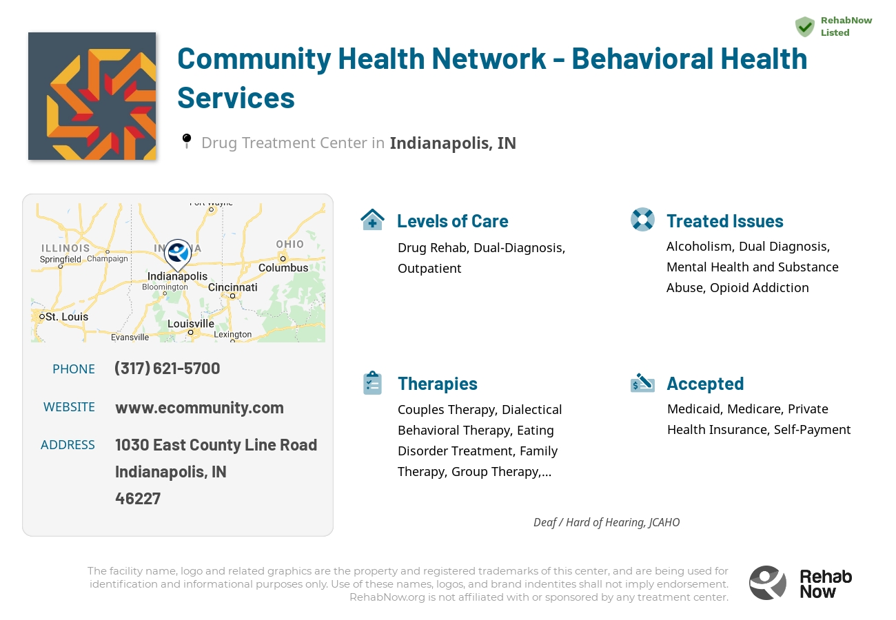 Helpful reference information for Community Health Network - Behavioral Health Services, a drug treatment center in Indiana located at: 1030 East County Line Road, Indianapolis, IN, 46227, including phone numbers, official website, and more. Listed briefly is an overview of Levels of Care, Therapies Offered, Issues Treated, and accepted forms of Payment Methods.
